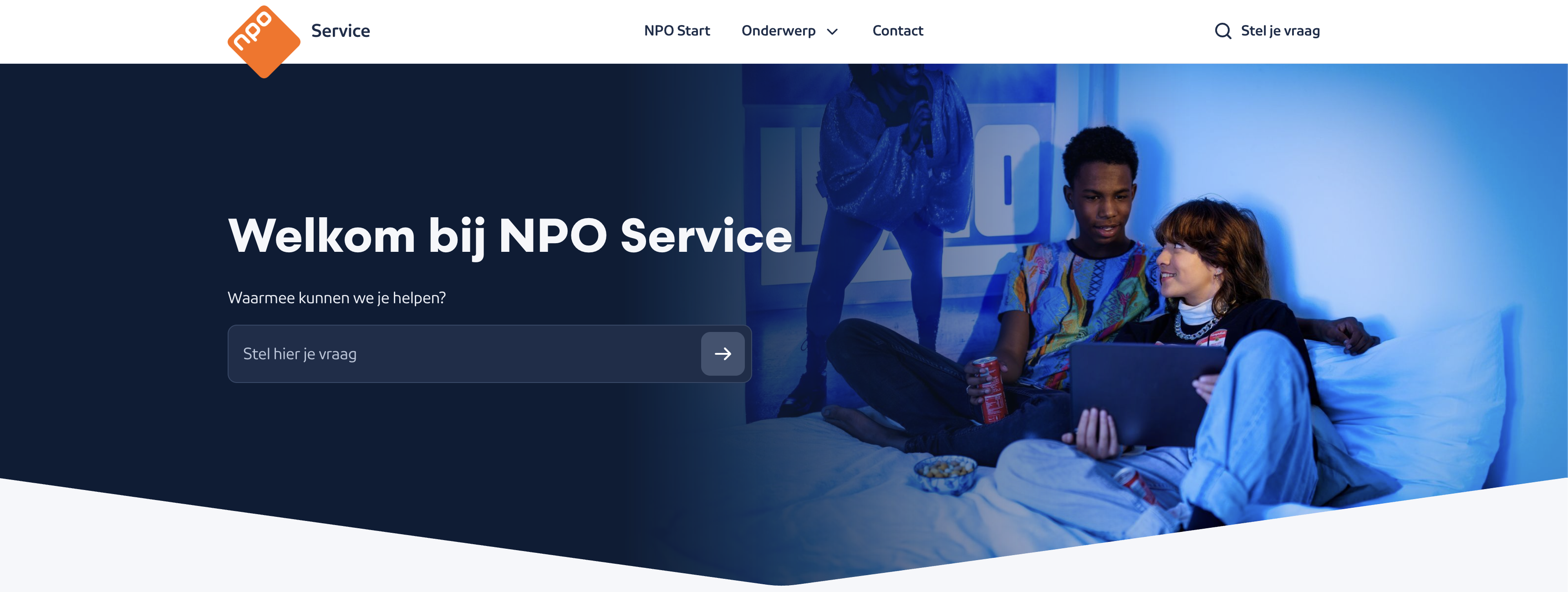 Welkom bij NPO Service, startpagina met zoekbalk 'Stel hier je vraag'